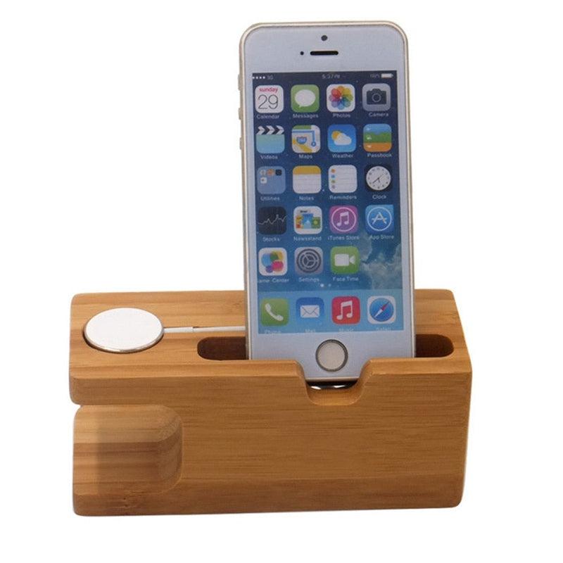 Wooden Charging Dock Station | Mobile Phone Holder Stand | Bamboo Charger Stand Base for Apple Watch and iPhone